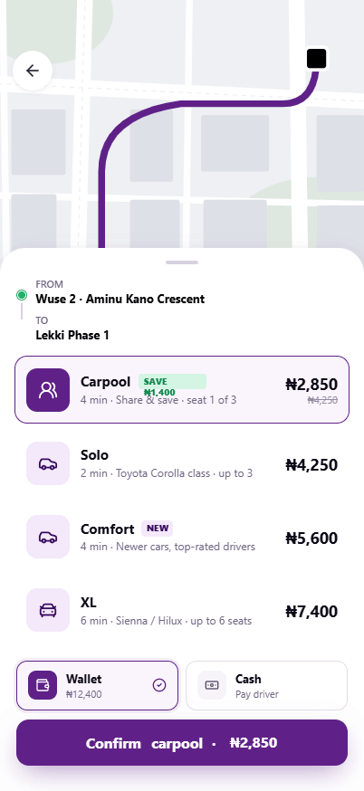Zoomoff ride options with carpool savings